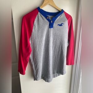 Hollister Men’s Y2K Size Medium Cotton Raglan Shirt Henley Red Blue Preppy
